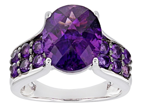 4.98ctw Oval Checkerboard Cut And Round African Amethyst Rhodium Over Sterling Silver Ring - Size 6
