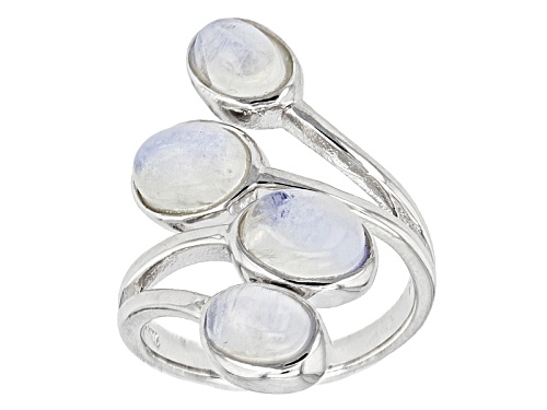 Oval Cabochon Rainbow Moonstone Bypass Sterling Silver Ring - Size 5