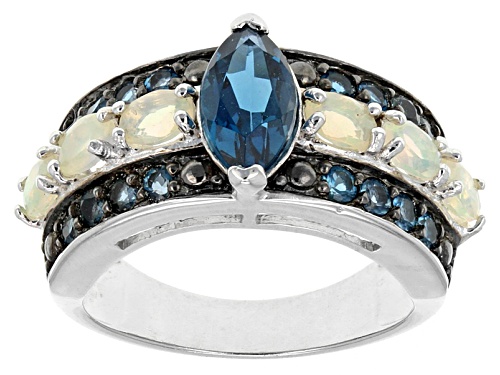 1.80ctw Marquise & Round London Blue Topaz With .45ctw Oval Ethiopian Opal Rhodium Over Silver Ring - Size 8