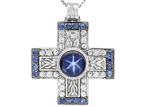 4.25ctw Blue Star Sapphire, Blue Sapphire, White Topaz Rhodium Over Silver Pendant With Chain