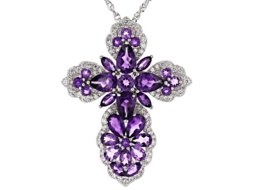 10.32ctw Mixed Shape African Amethyst & 1.57ctw Zircon Rhodium Over Silver Cross Pendant With Chain