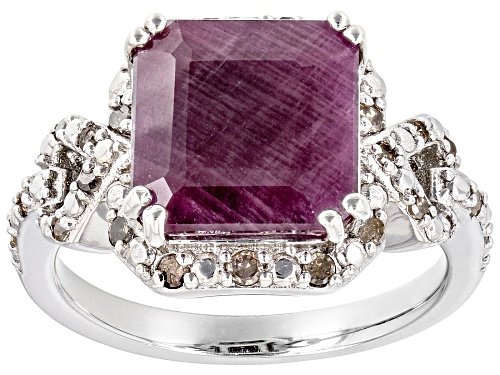 Photo of 5.95ct Square Octagonal Indian Ruby & .26ctw Round Champagne Diamond Rhodium Over Silver Ring - Size 10