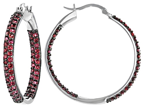 3.27ctw Round Raspberry Rhodolite Rhodium Over Sterling Silver Inside/Outside Hoop Earrings