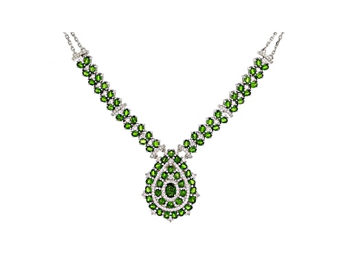 12.49ctw Chrome Diopside with 2.41ctw White Zircon Rhodium Over Silver Necklace - Size 18