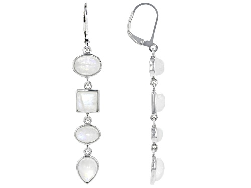 MIXED SHAPES CABOCHON RAINBOW MOONSTONE RHODIUM OVER STERLING SILVER DANGLE EARRINGS