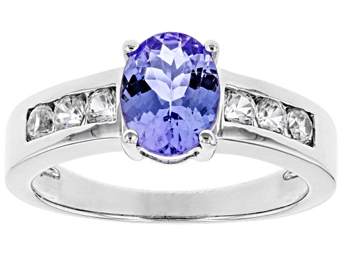 1.14CTW OVAL TANZANITE WITH .34CTW WHITE ZIRCON RHODIUM OVER STERLING SILVER RING - Size 10