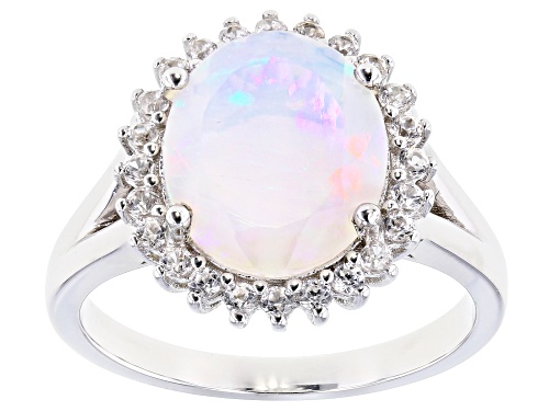 Photo of 2.04ct Oval Ethiopian Opal With .48ctw White Zircon Rhodium Over Sterling Silver Halo Ring - Size 5