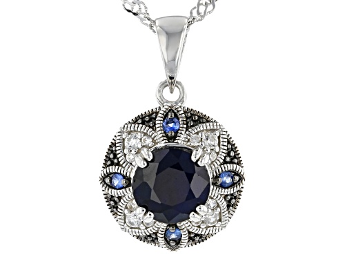 Photo of 1.55ctw Blue Sapphire with .11ctw White Zircon Rhodium Over Sterling Silver Pendant with Chain