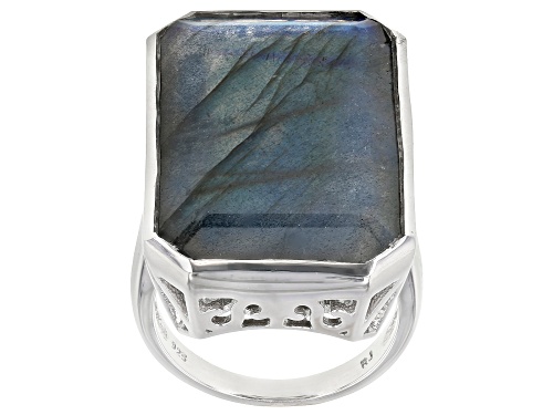 Photo of 28x18mm Emerald Cut Labradorite Rhodium Over Sterling Silver Ring - Size 7