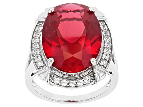Photo of 11.90ct Oval Lab Created Ruby With 0.41ctw Lab Created Sapphire Rhodium Over Sterling Silver Ring - Size 8