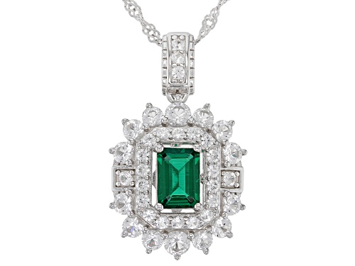 Photo of 0.70ct Lab Created Emerald With 1.38ctw Lab Created Sapphire Rhodium Over Silver Pendant Chain