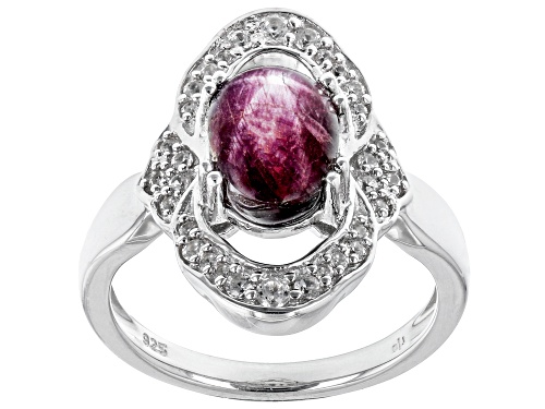 Photo of 9x7mm Oval Cabochon Star Ruby And 0.30ctw White Zircon Rhodium Over Silver Ring - Size 8