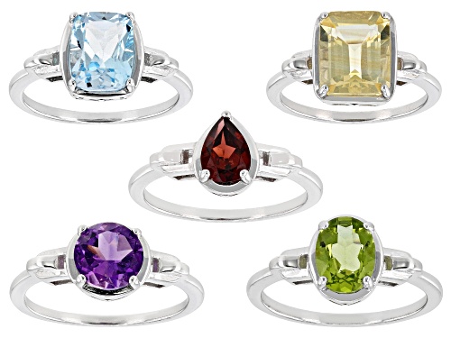 Photo of 9.15ctw Multi Gemstone Rhodium Over Sterling Silver Ring Set of 5 - Size 9