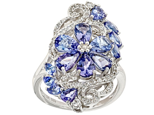 Photo of 2.69ctw Mixed Shapes Tanzanite And 0.54ctw White Zircon Rhodium Over Sterling Silver Ring - Size 10