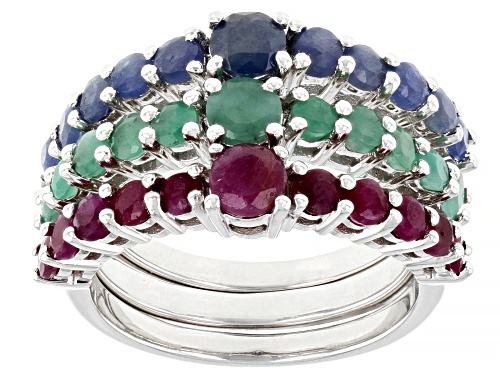3.54ctw Indian Ruby, Indian Sapphire With Sakota Emerald Rhodium Over Silver Ring Set - Size 7