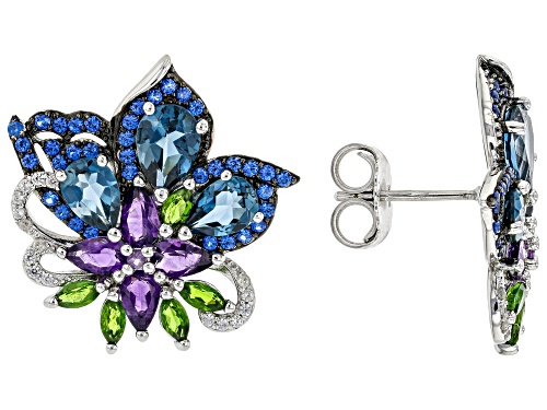 6.01ctw Mixed Shapes Multi-Gem With 0.20ctw White Zircon Rhodium Over Sterling Silver Earrings