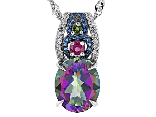 3.87ct Oval Mystic Fire® Green Topaz With 0.38ctw Multi Gem Rhodium Over Silver Pendant Chain