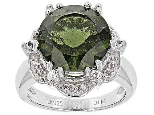 Photo of 3.80ct Round Moldavite With .28ctw Round White Zircon Rhodium Over Sterling Silver Ring - Size 10