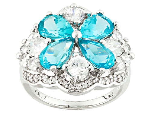 2.72ctw Pear Shape Paraiba Color Apatite With 2.04ctw Round White Zircon Silver Ring - Size 8