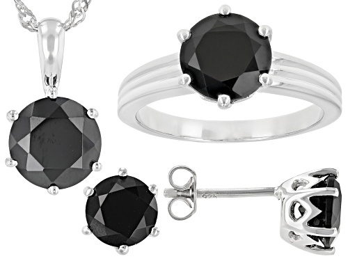 9.46ctw Round Black Spinel Rhodium Over Silver Solitaire Ring, Earring, Pendant W/Chain Jewelry Set