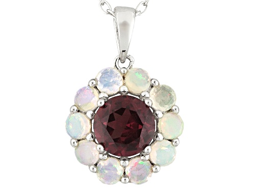 .85ct Round Raspberry Color Rhodolite With .48ctw Round Ethiopian Opal Silver Pendant With Chain