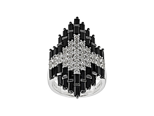 3.98ctw Baguette Black Spinel And 1.29ctw Round White Topaz  Rhodium Over Sterling Silver Ring - Size 6