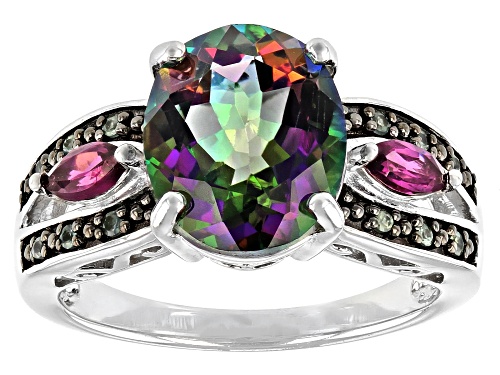 5.17ctw Mystic Fire® Green Topaz, Orissa Alexandrite and Rhodolite Rhodium Over Sterling Silver Ring - Size 9