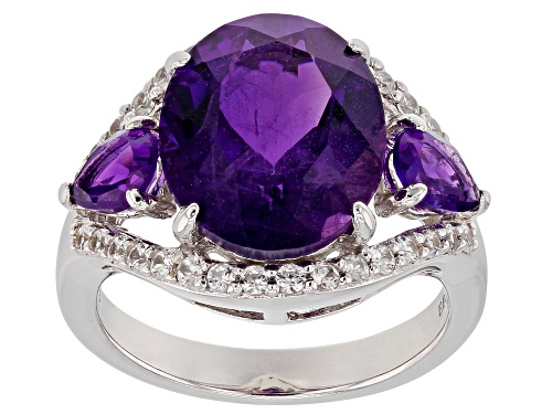 Photo of 5.42CTW OVAL & PEAR SHAPE AFRICAN AMETHYST WITH .57CTW ZIRCON RHODIUM OVER SILVER RING - Size 8