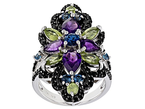 4.56CTW AMETHYST, LONDON BLUE TOPAZ, MANCHURIAN PERIDOT™ & BLACK SPINEL RHODIUM OVER SILVER RING - Size 5