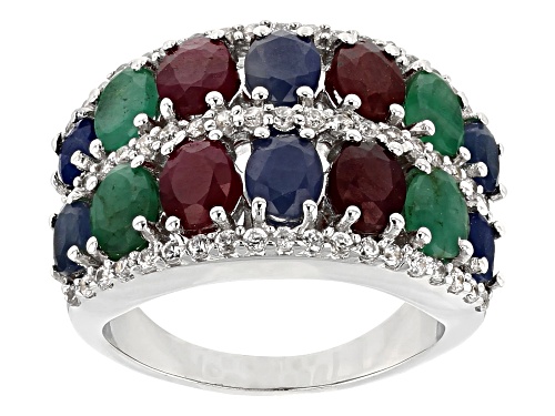 4.86ctw oval ruby, blue sapphire, Sakota emerald & round white zircon rhodium over silver band ring - Size 6