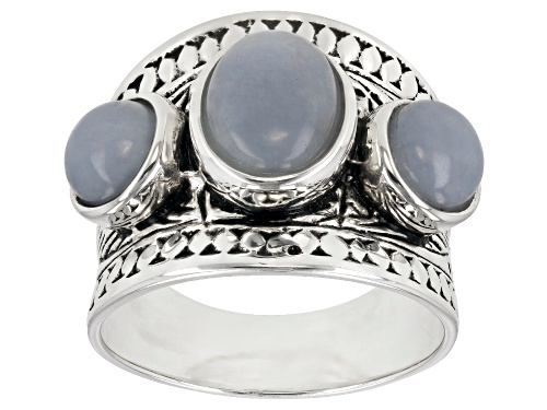 9X7mm oval and 6mm round angelite rhodium over sterling silver 3-stone band ring - Size 7