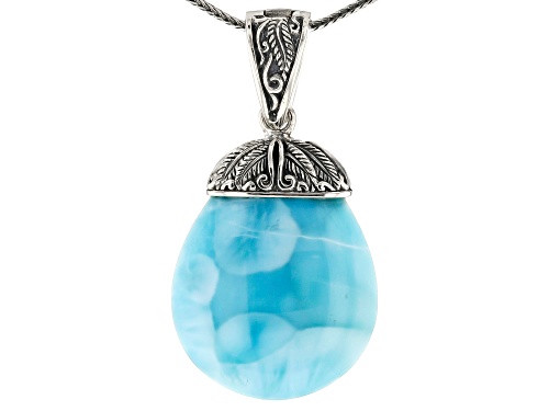 22X20mm free-form larimar slice rhodium over sterling silver enhancer with chain