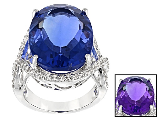 17.85ct Color Change Fluorite with 1.16ctw Zircon Rhodium Over Sterling Silver Ring - Size 9