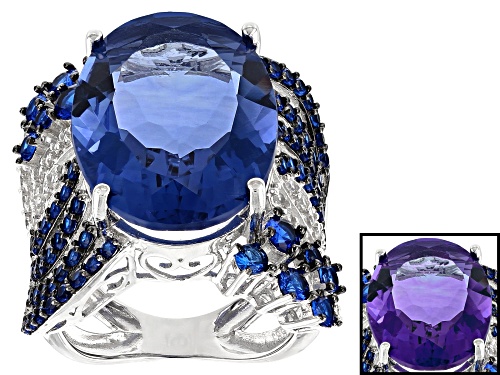 17.85ct Color Change Fluorite, 2.07ctw Lab Created Spinel, & .71ctw Zircon Rhodium Over Silver Ring - Size 7