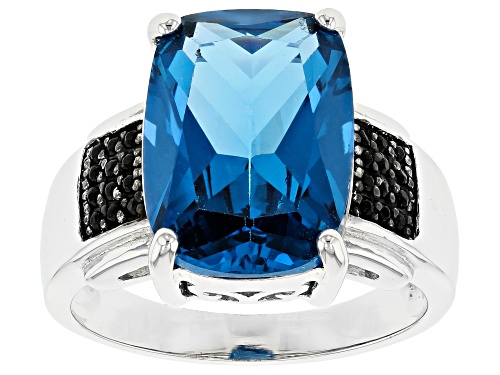 5.73ct lab created blue spinel with .14ctw round black spinel rhodium over sterling silver ring - Size 7