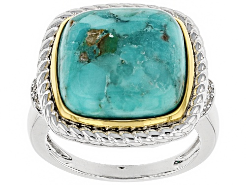 14mm Turquoise, .08ctw White Zircon Rhodium Over Silver & 14k Gold Over Silver Two Tone Ring - Size 5