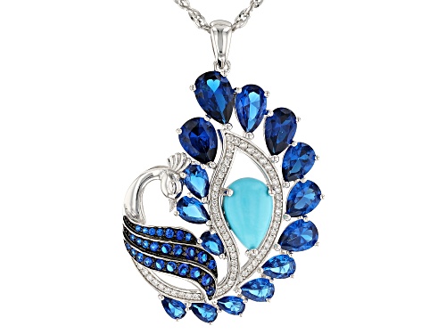 12x8mm Turquoise, 8.61ctw Lab Created Spinel, .37ctw Zircon Rhodium Over Silver Pendant W/ Chain