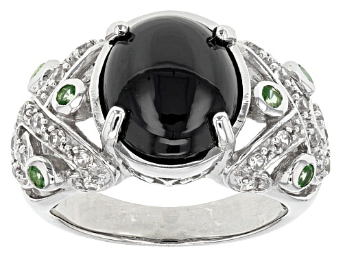 7.00ct Oval Cabochon Black Spinel With .26ctw Mint Tsavorite And .55ctw White Zircon Silver Ring - Size 6