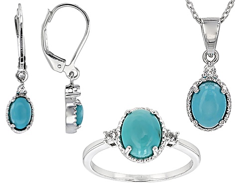 Sleeping Beauty Turquoise And .16ctw White Topaz Rhodium Over Silver Ring, Pendant, And Earring Set