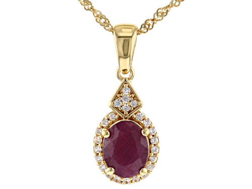 2.41ct oval Indian Ruby with .32ctw zircon 18k yellow gold over sterling silver pendant w/ chain