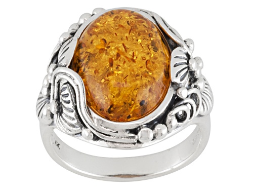 Oval Orange Amber Sterling Silver Ring - Size 6