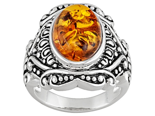 Photo of Oval Orange Amber Sterling Silver Ring - Size 7