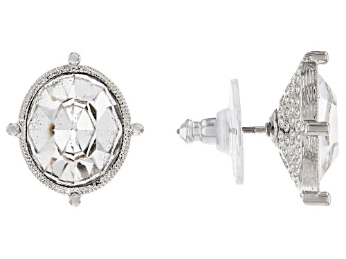Oval White Crystal Silver-Tone Stud Earrings