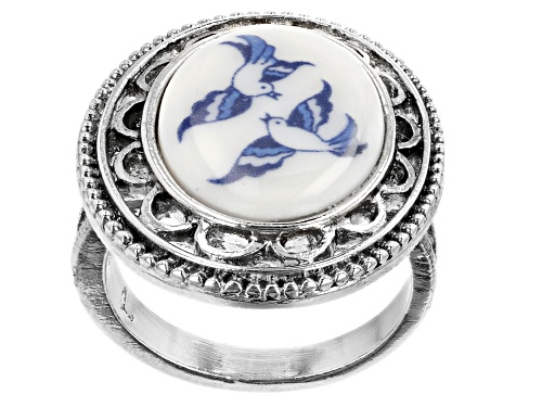 1928 Jewelry® Oval Blue Willow Porcelain Antiqued Silver-Tone Ring - Size 8