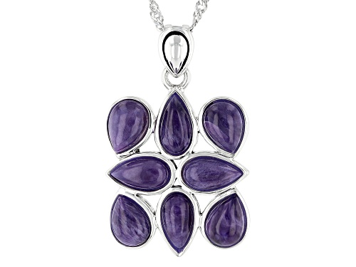 Photo of Pear-shaped Cabochon Charoite Rhodium Over Sterling Silver Pendant With Chain