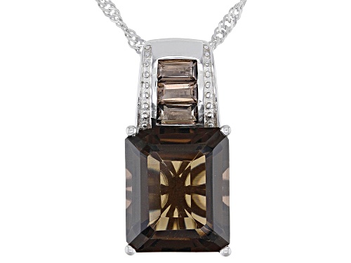 Photo of 6.07ct Emerald Cut and 0.26ctw Baguette Smoky Quartz Rhodium Over Silver Pendant with Chain
