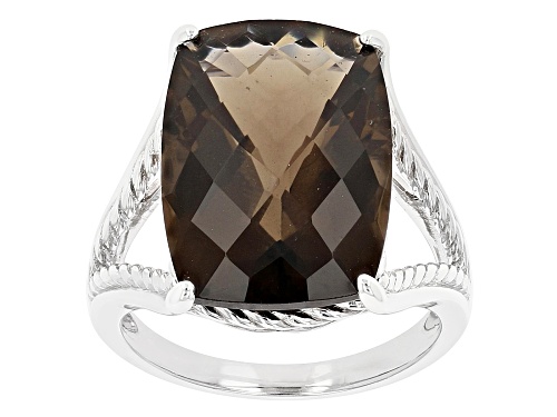 Photo of 12.38ct Rectangular Cushion Checkerboard Cut Smoky Quartz Rhodium Over Silver Solitaire Ring - Size 8