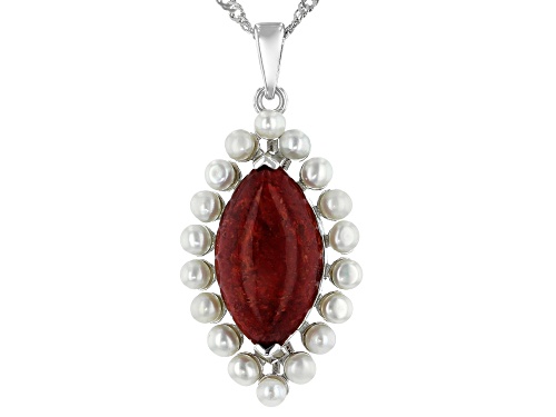 18x10mm Marquise Coral With 3mm Round Cultured Freshwater Pearl Rhodium Over Silver Pendant Chain
