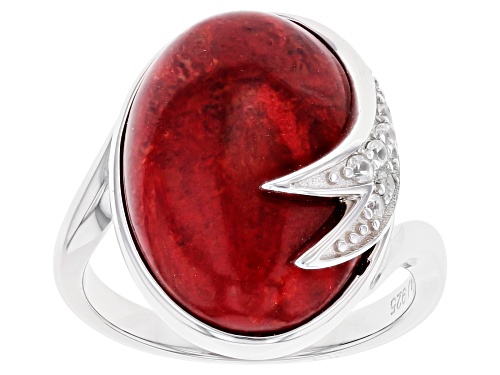 Photo of 18x13mm Oval Coral With 0.14ctw Round White Zircon Rhodium Over Sterling Silver Ring - Size 7
