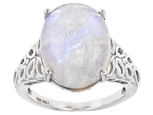 Photo of 16x12mm Oval Cabochon Rainbow Moonstone Rhodium Over Sterling Silver Solitaire Ring - Size 8